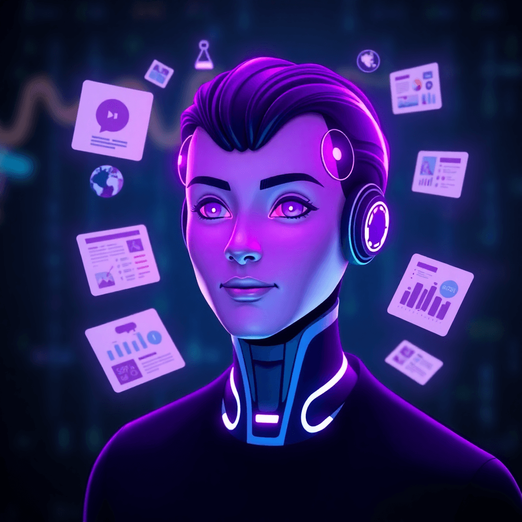 Modern AI creative avatar with floating media formats (reels, carousels, infographics, brochures) around them, soft neon purple and magenta rim light, premium blur background, data glow effect, futuristic dark theme