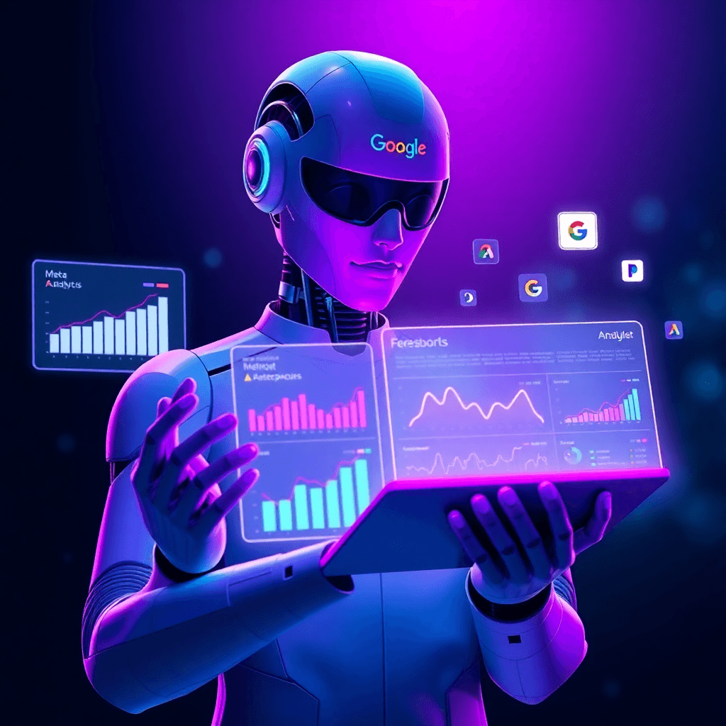 Futuristic AI analyst avatar holding a glowing dashboard tablet, with floating charts, graphs, and KPIs in neon purple & magenta. Subtle Google, Meta, and Ads icons drift in the background, dark enterprise theme.